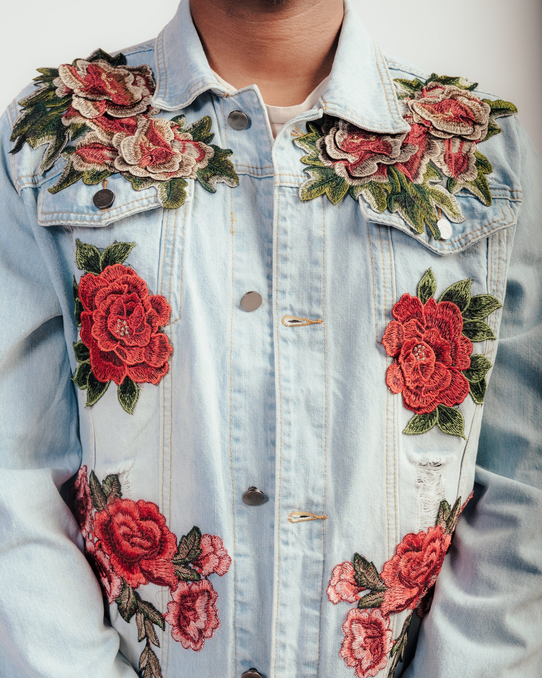 Denim jacket with roses hot sale mens